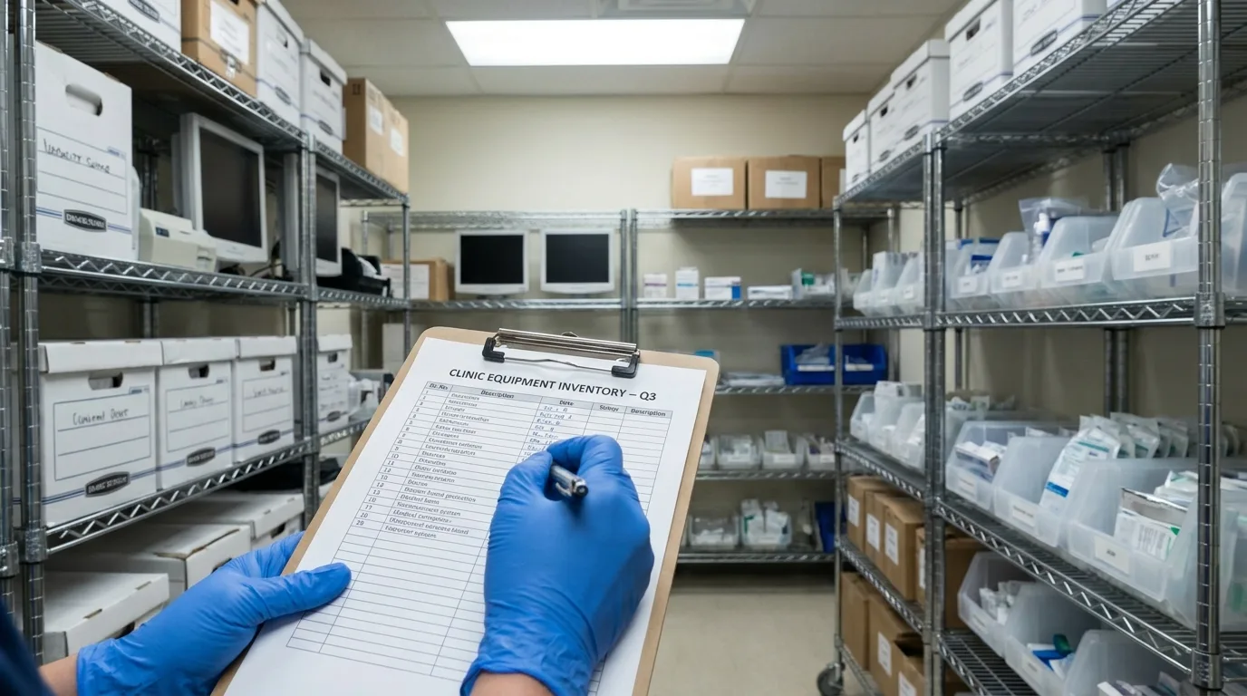 Gloved hand holding clipboard with inventory list while cataloging medical equipment on shelves