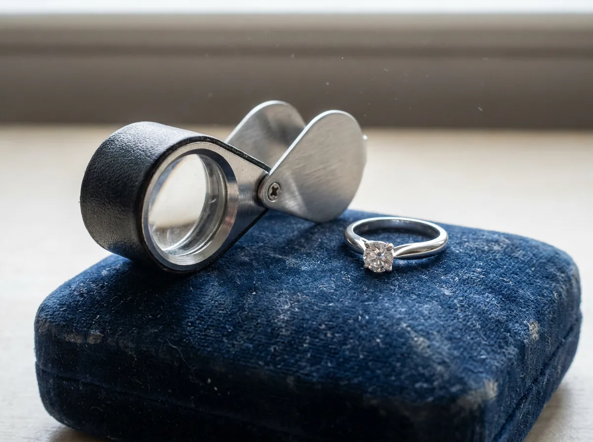 Jeweler's loupe next to diamond ring on velvet display pad