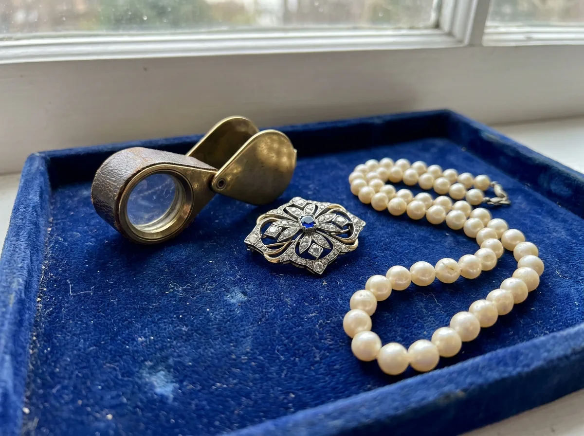 Jeweler's loupe, antique brooch, and pearl necklace on velvet tray under daylight