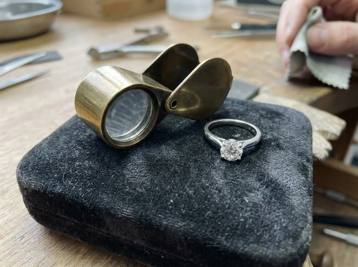 Jeweler's loupe next to diamond engagement ring on velvet display pad