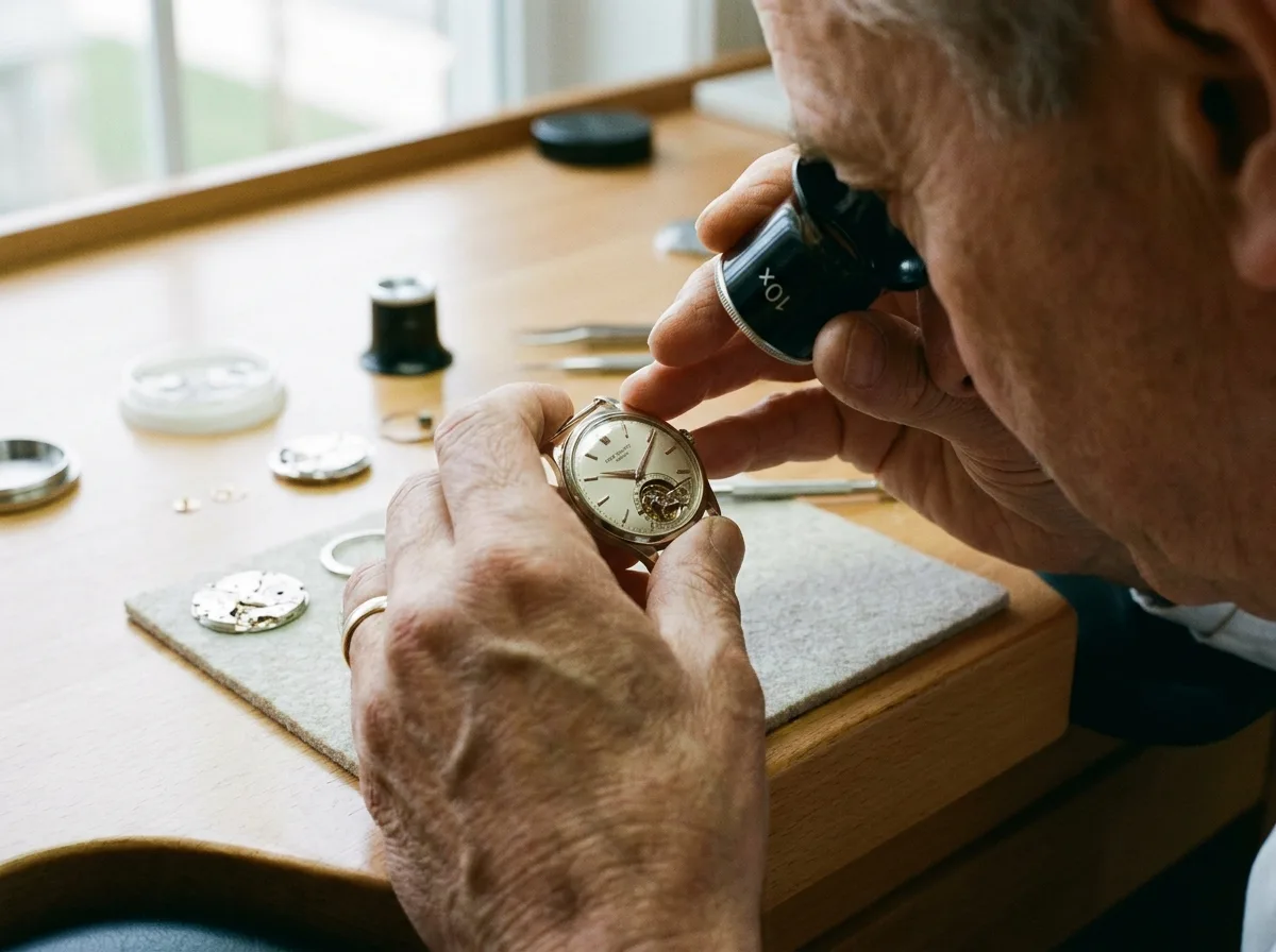 Jeweler examining luxury watch through magnifying loupe on bright desk