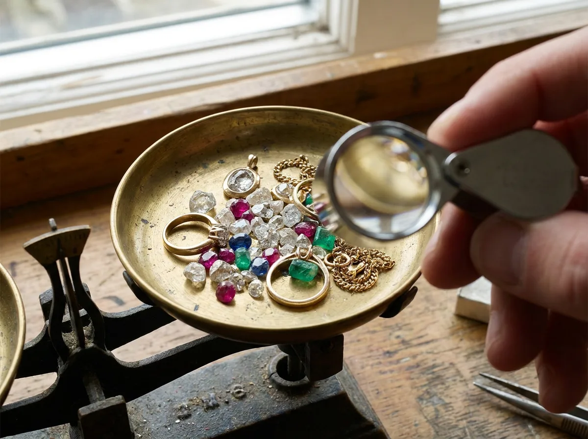 Loose gemstones and gold jewelry on jeweler's scale with magnifying loupe