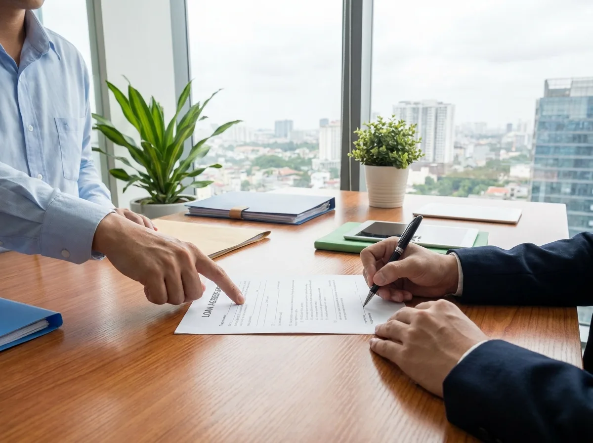 Businessperson signing loan documents with bank representative at desk in modern office