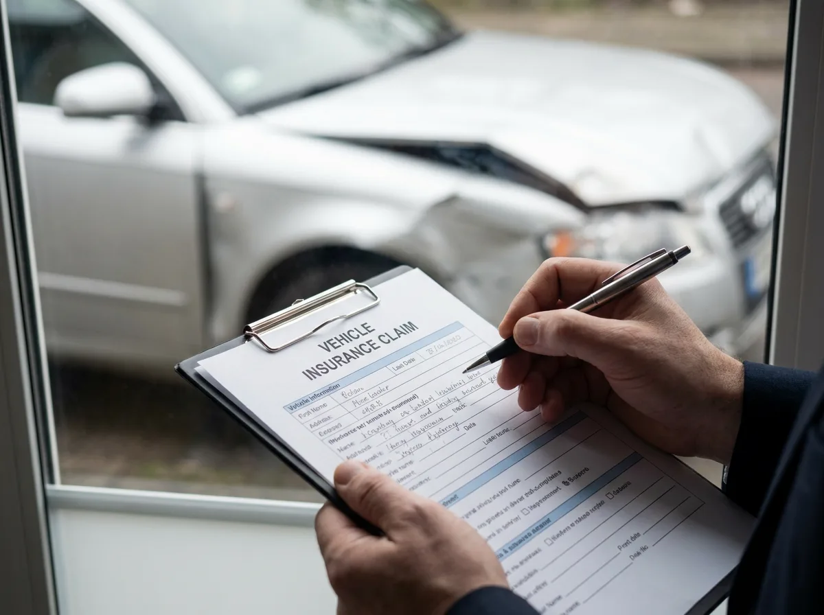 Person filling out insurance claims form on clipboard with damaged car in background