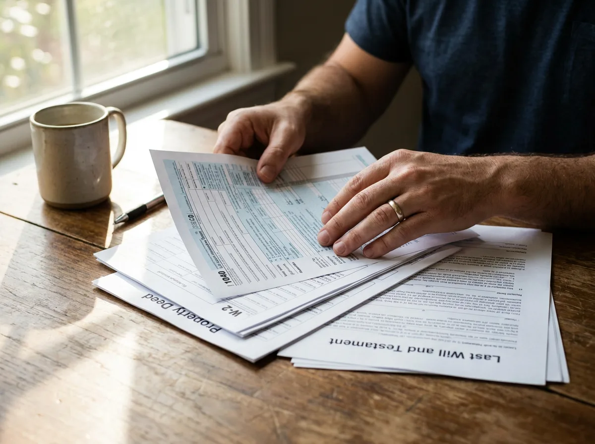 Hands organizing tax documents and legal papers on wooden desk in natural daylight