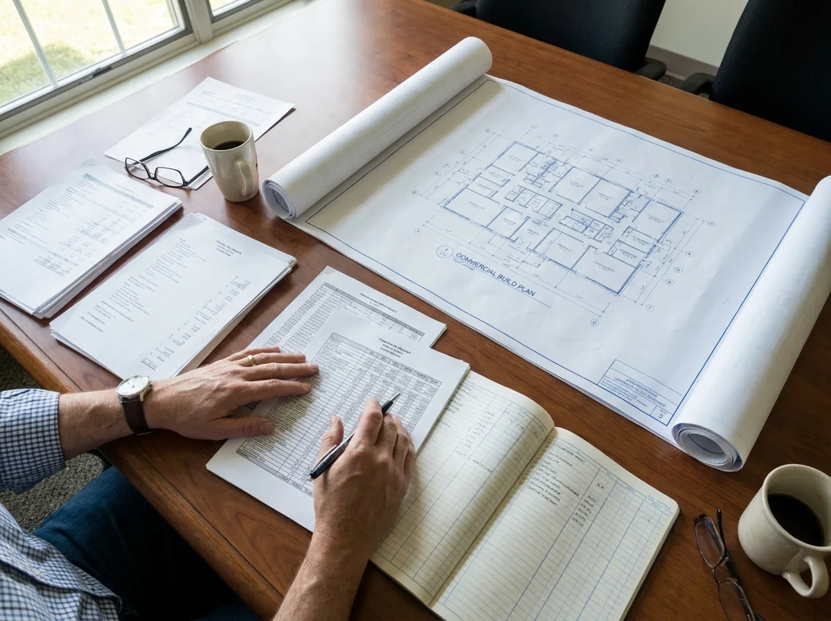 Businessperson reviewing financial documents and property blueprint on conference table