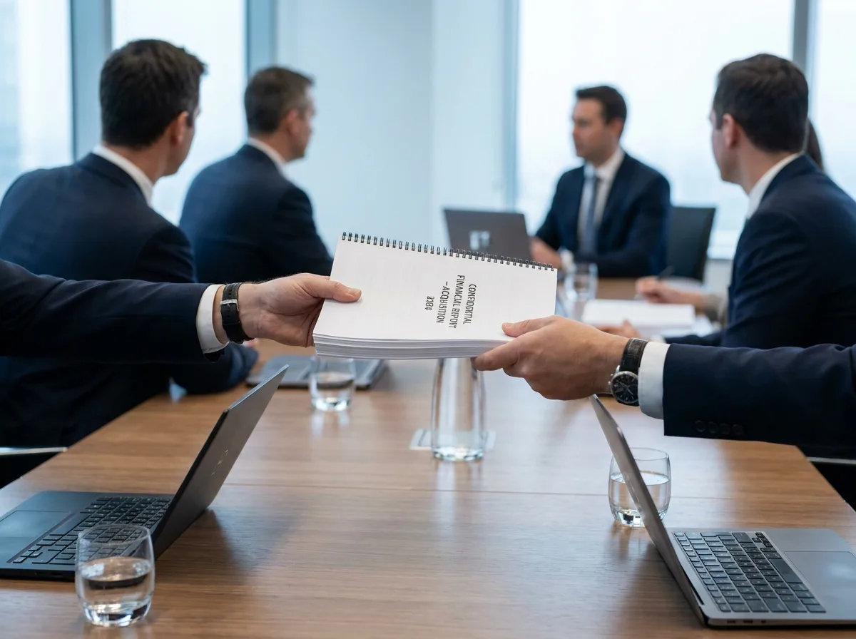 Businessperson's hands passing a bound financial report across a conference table