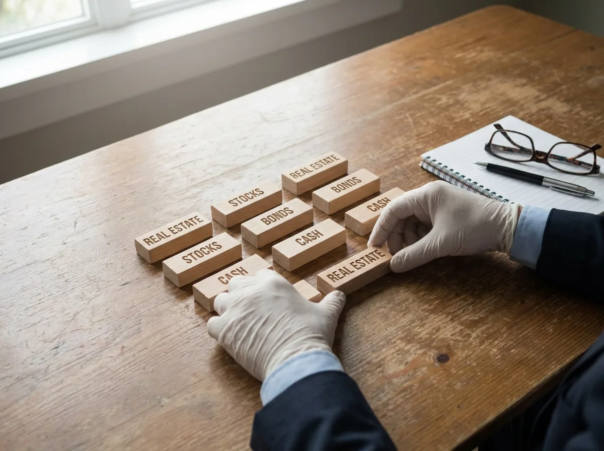 Businessperson arranging labeled wooden blocks representing assets on a table