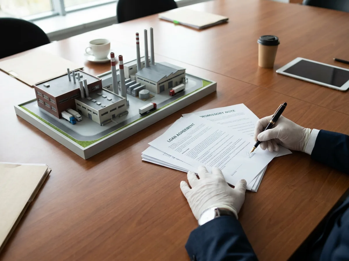 Businessperson signing loan documents beside factory scale model on conference table