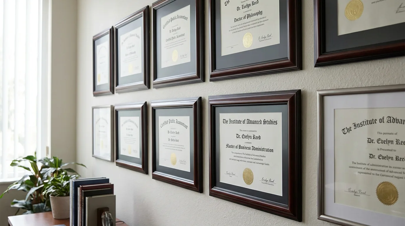 Framed professional certificates displayed on an office wall