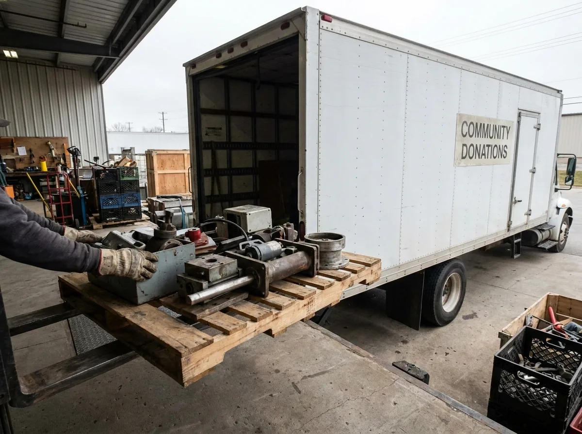 Worker's hands guiding a forklift pallet of used machinery into a donation truck at a loading dock