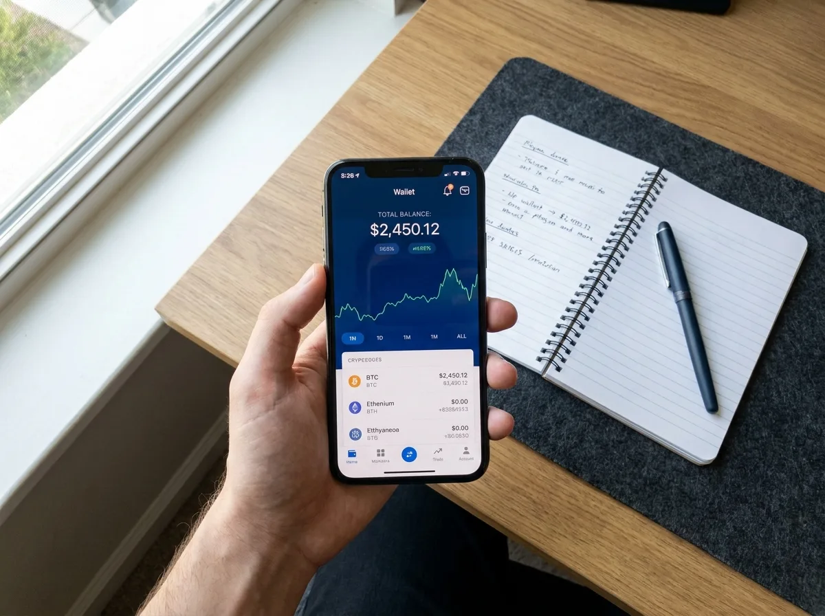Hand holding smartphone showing cryptocurrency wallet interface with notebook and pen on desk