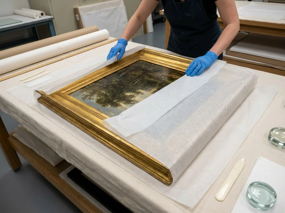 Framed painting wrapped in acid-free paper on a museum worktable with soft neutral lighting