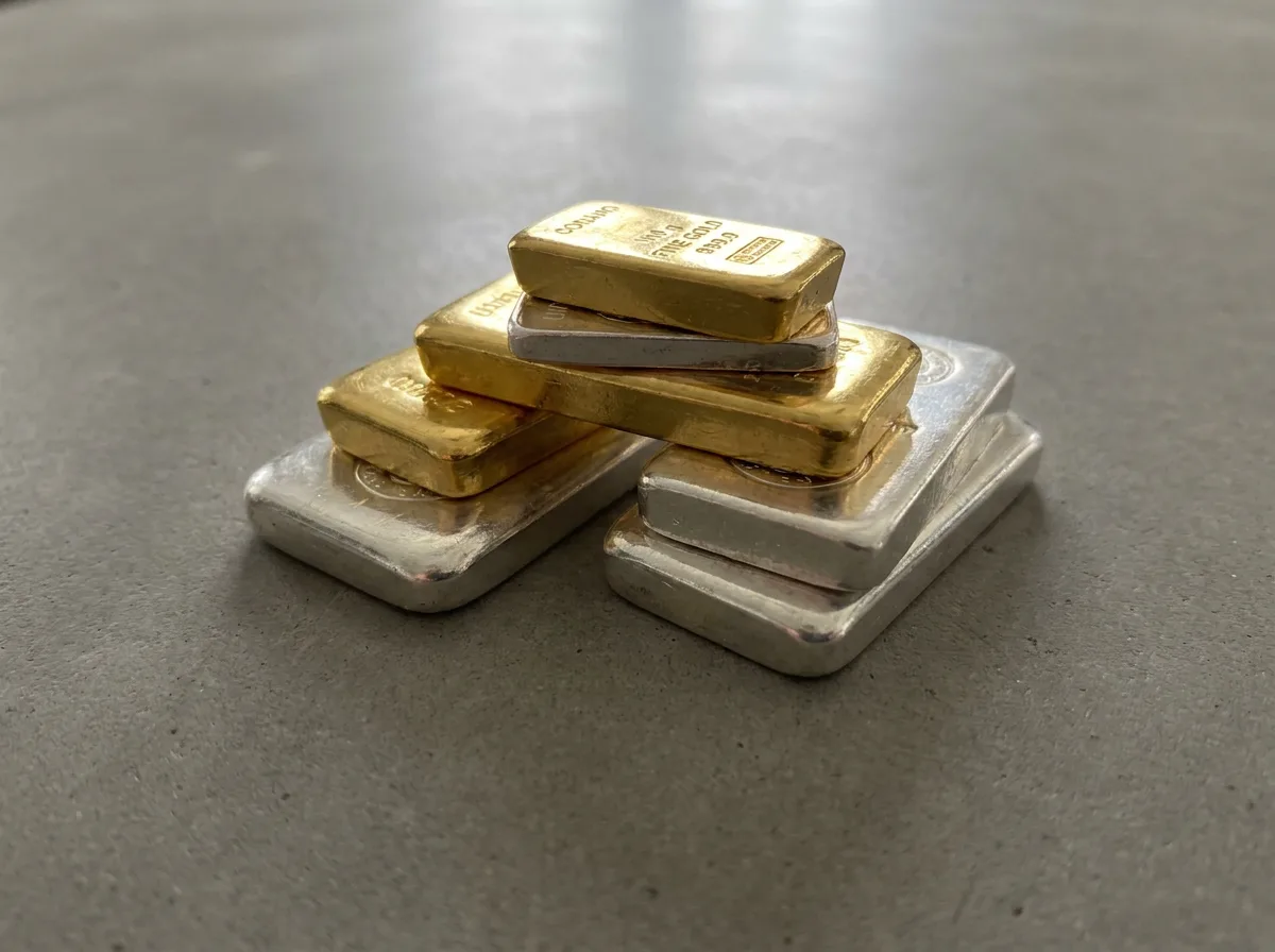 Stacked gold and silver bars with reflective surfaces on gray background