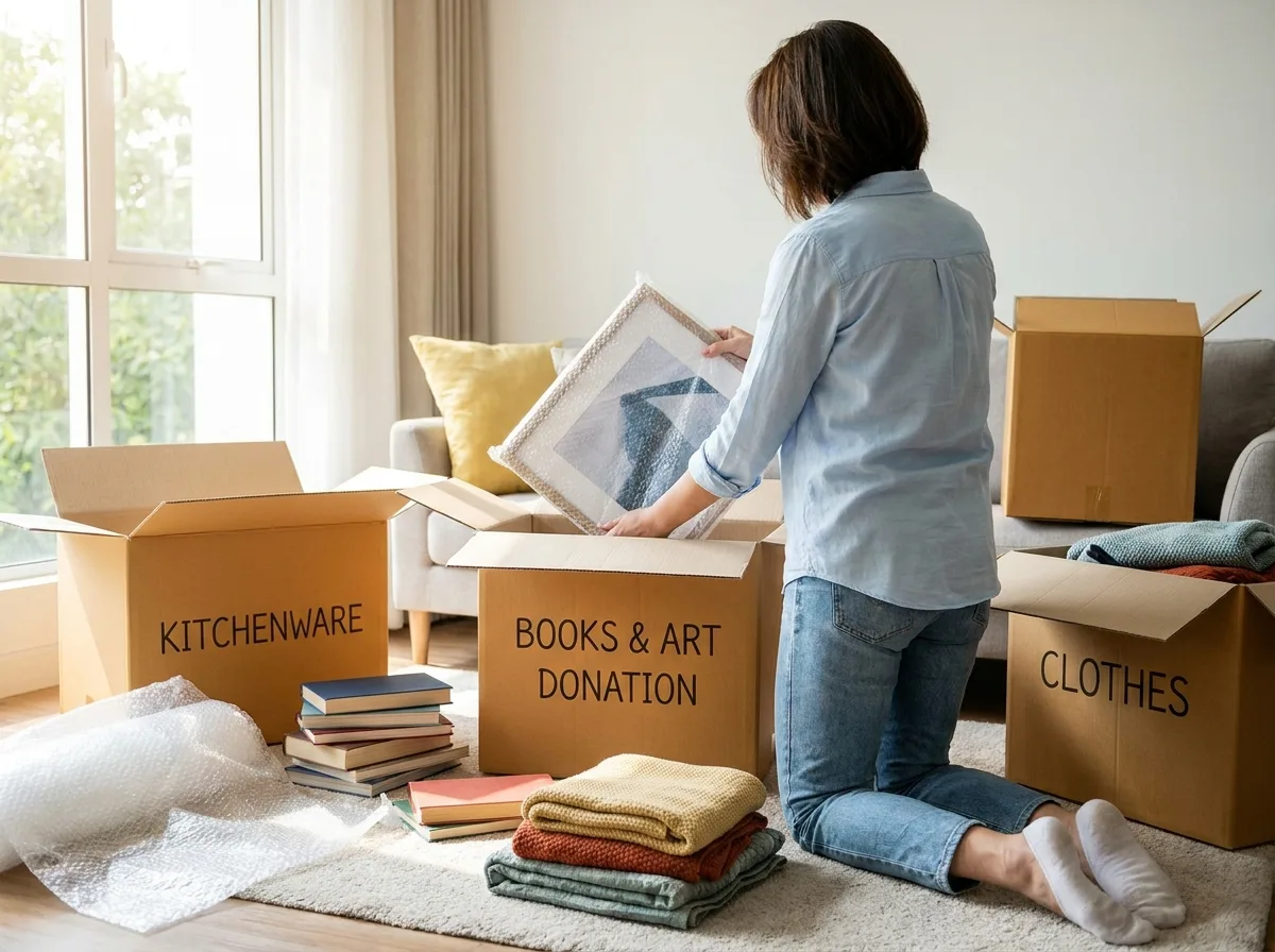 Person packing labeled boxes of household items and artwork for donation in a living room