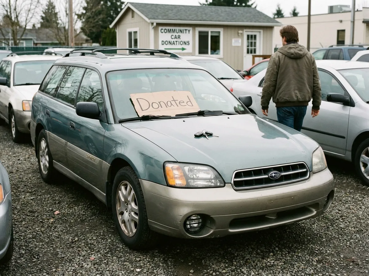Car with "Donated" tag on dashboard and keys on seat in charity lot