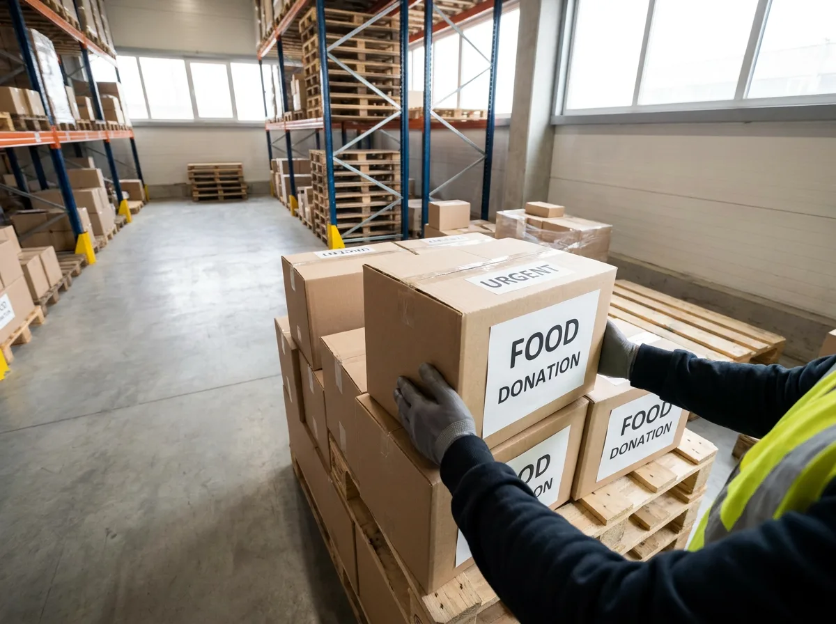 Worker's hands stacking cardboard boxes onto wooden pallets in a warehouse