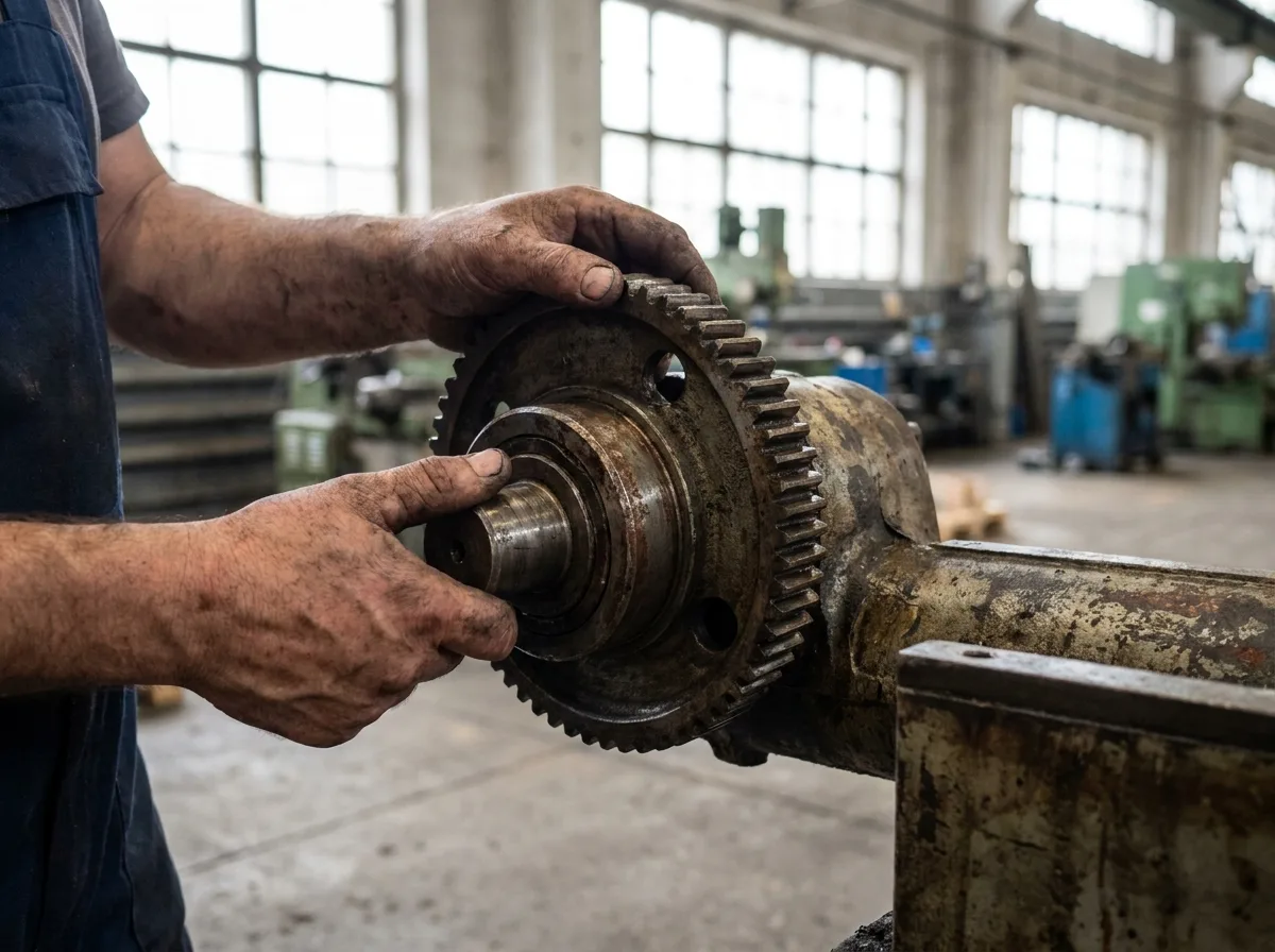 Weathered hands inspecting a vintage industrial machine part on a factory floor with natural light from warehouse windows