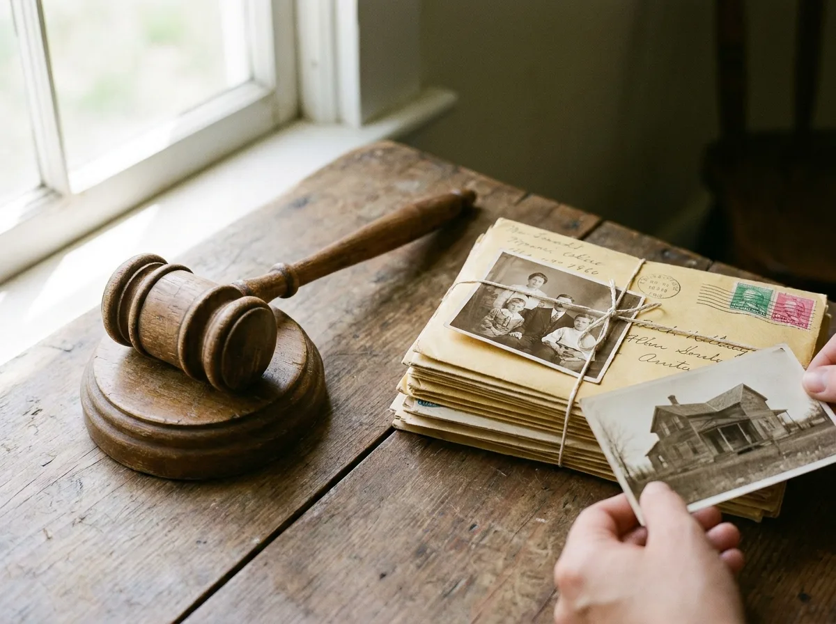 Wooden gavel next to stacked old letters and photographs on a table
