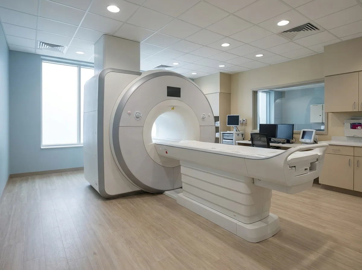 Modern MRI scanner in a hospital room with neutral lighting