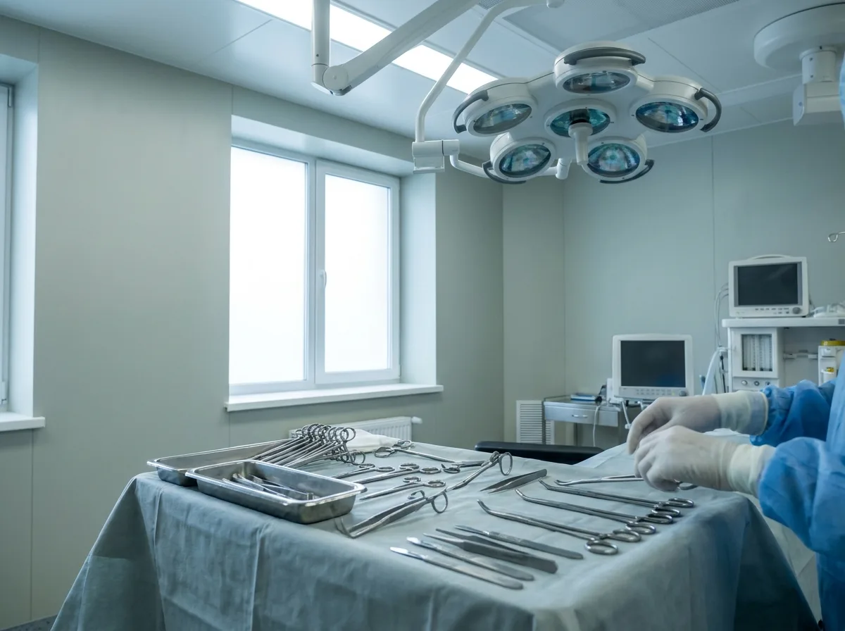 Sterile surgical operating room with instrument tray and overhead surgical lights