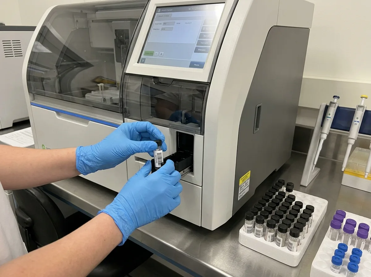 Gloved hands operating a diagnostic lab analyzer with sample vials on countertop