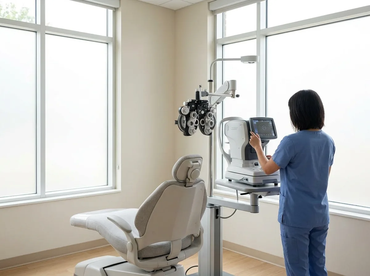 Modern dental chair next to optometry testing machine in bright clinic room