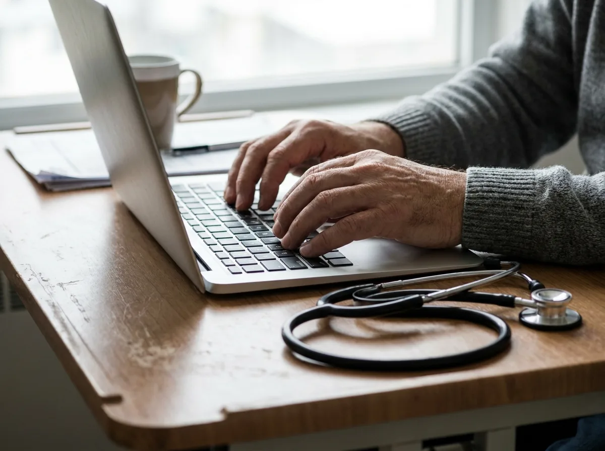 Hands typing on laptop keyboard with stethoscope on hospital desk