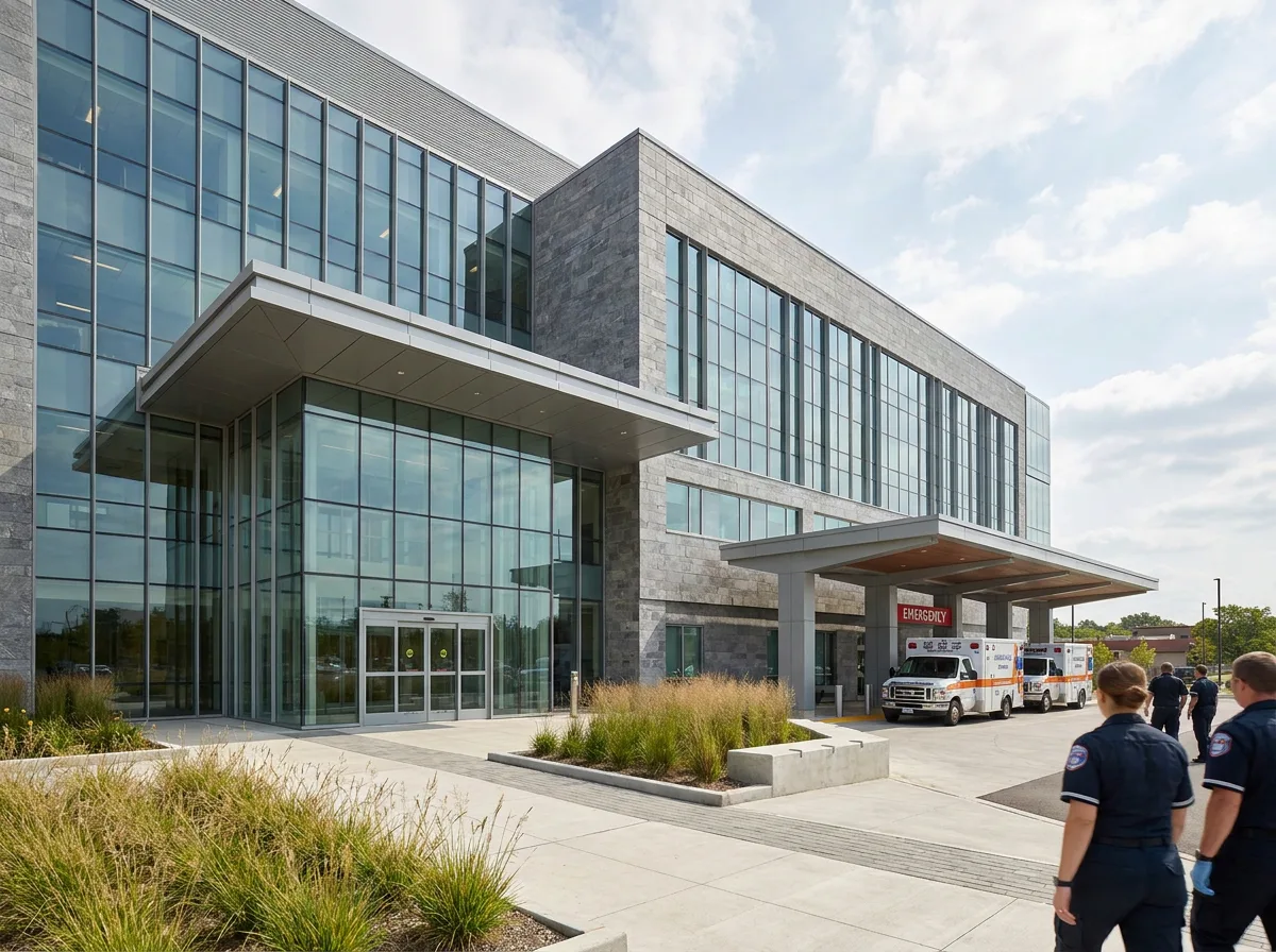 Modern hospital building with glass entrance and ambulance bay