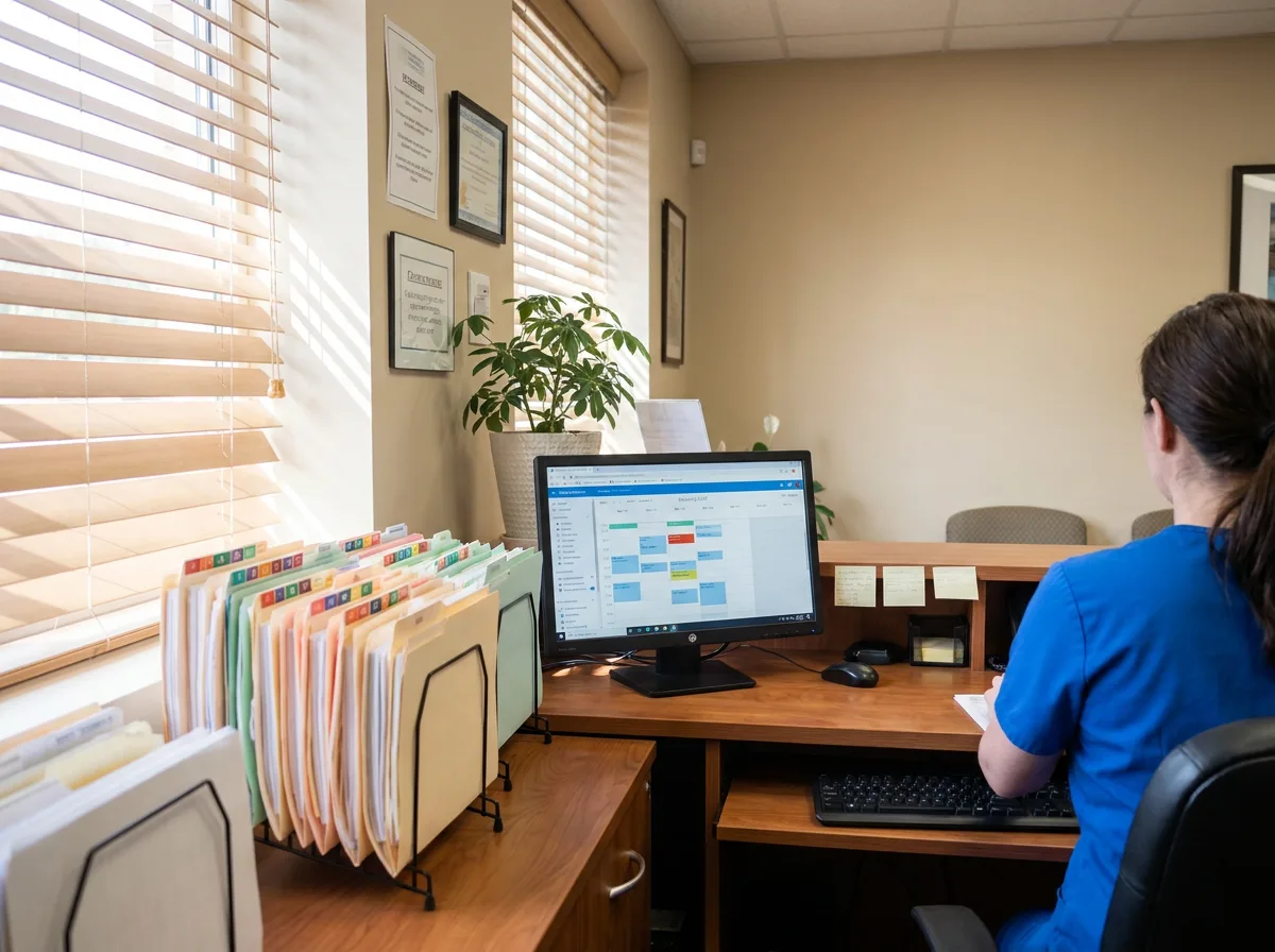 Small medical office reception desk with computer and organized patient files in daylight