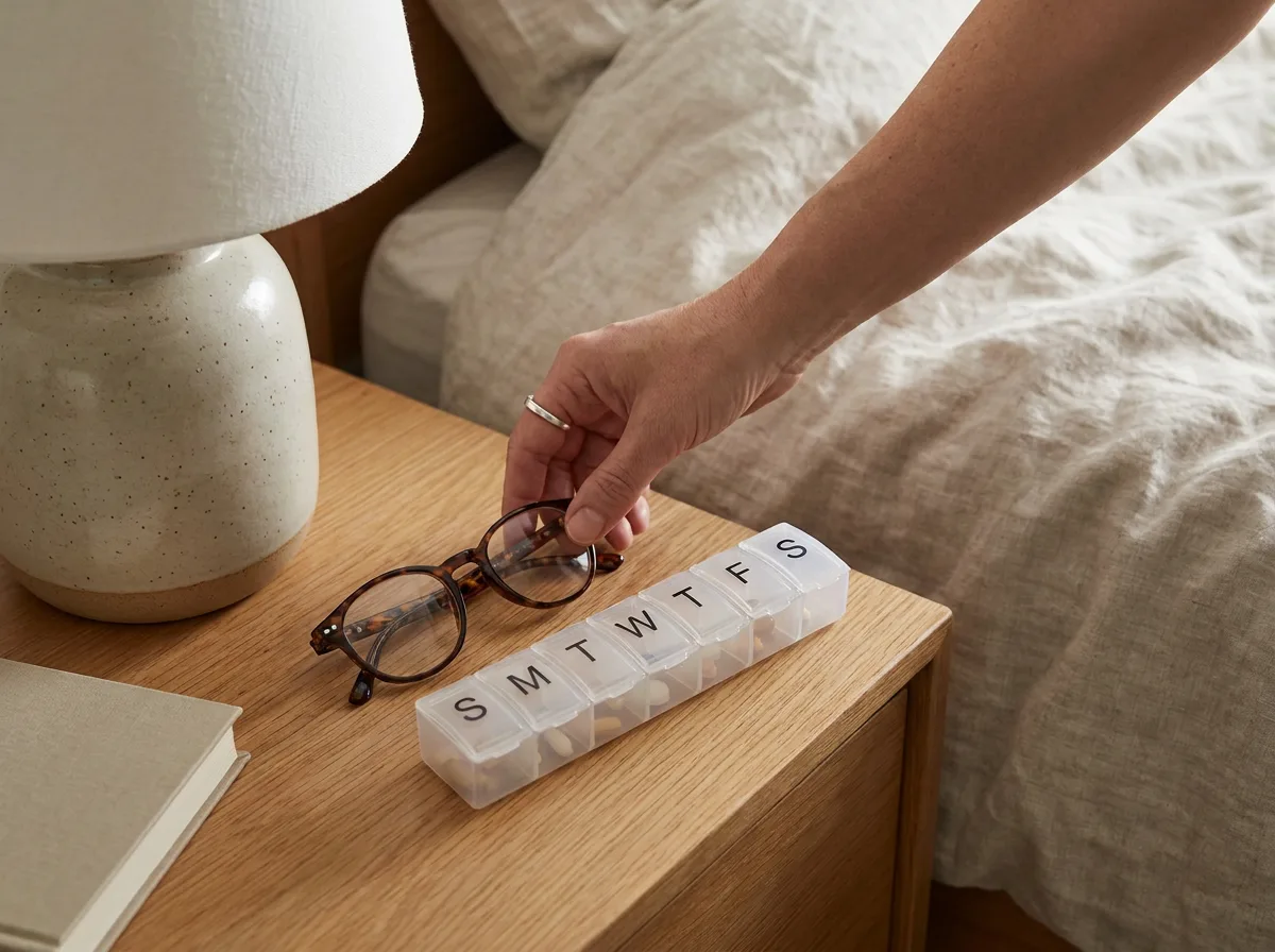 Hand placing glasses and pill organizer on bedside table