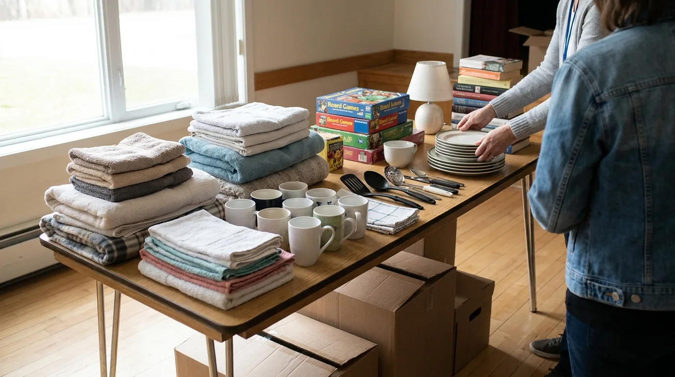Household items arranged on table in natural window light