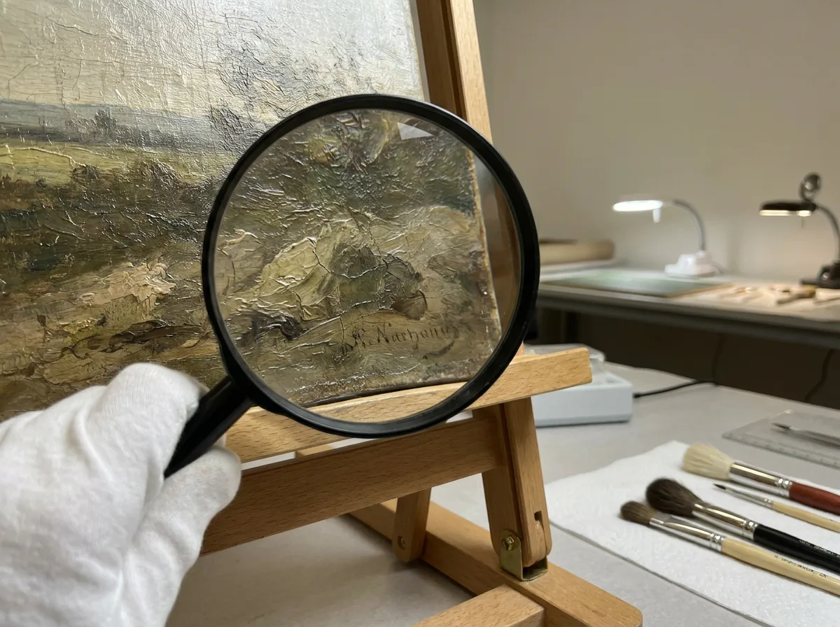 Gloved hand holding magnifying glass examining brushstrokes on oil painting under studio lighting