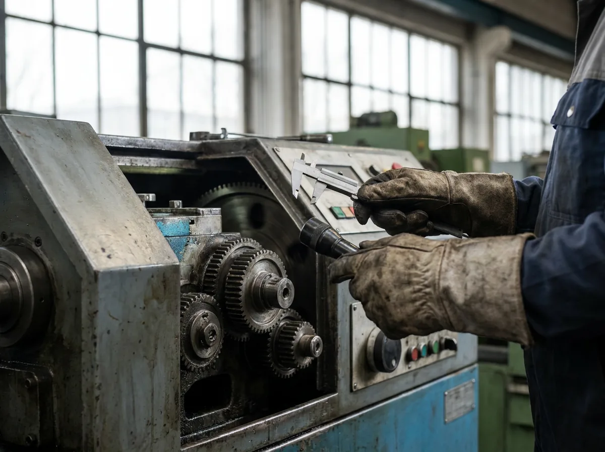 Worker in gloves inspecting industrial machine part in factory with natural daylight