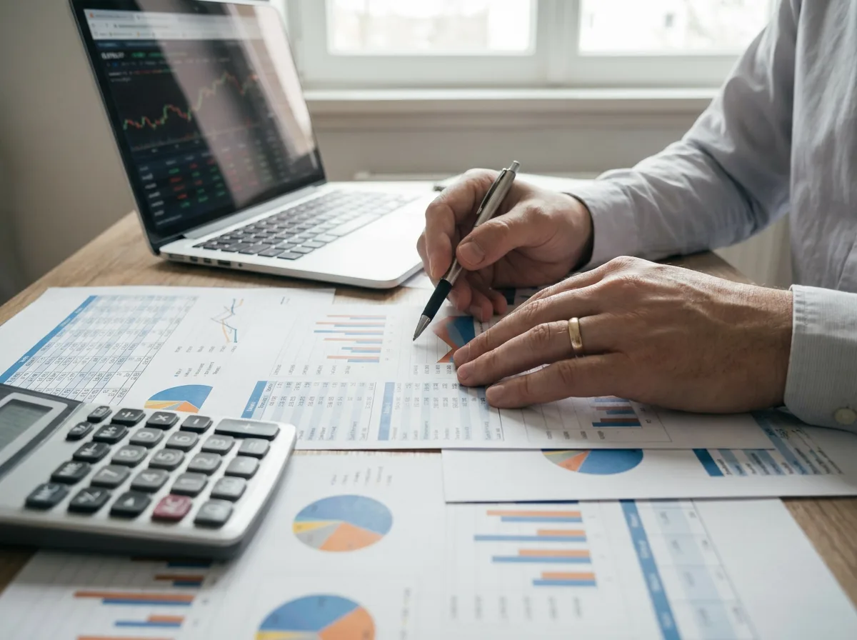 Hands reviewing financial charts and graphs on desk with calculator and laptop