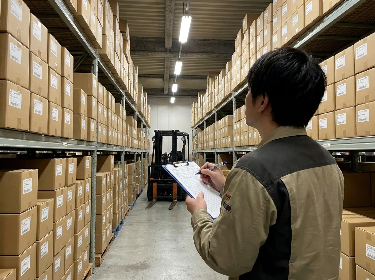 Warehouse worker holding clipboard checking inventory of labeled boxes stacked on shelves