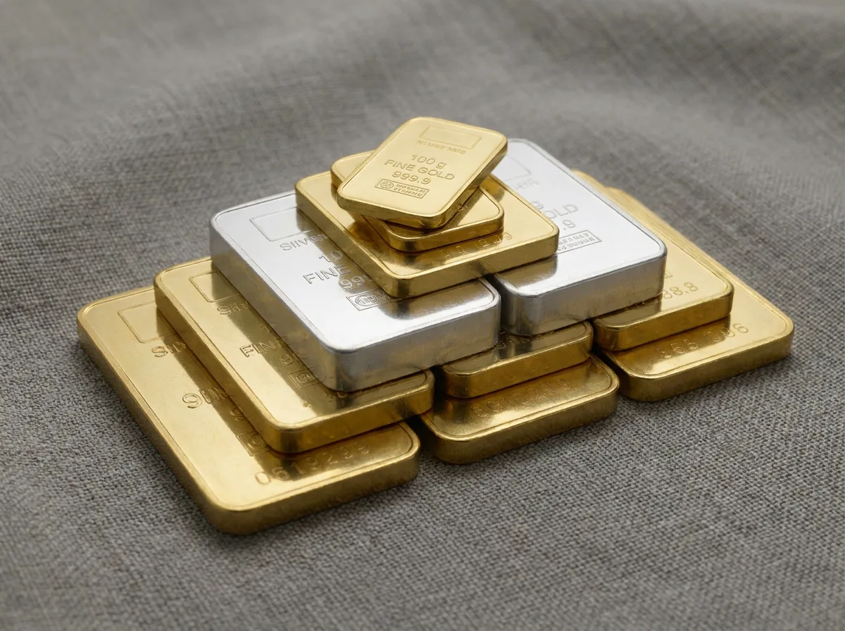 Stacked gold and silver bars on gray cloth with studio lighting