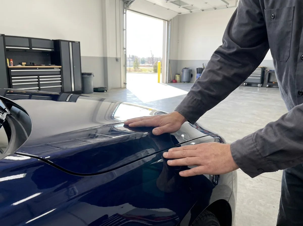 Hands inspecting glossy car hood paint in bright garage lighting