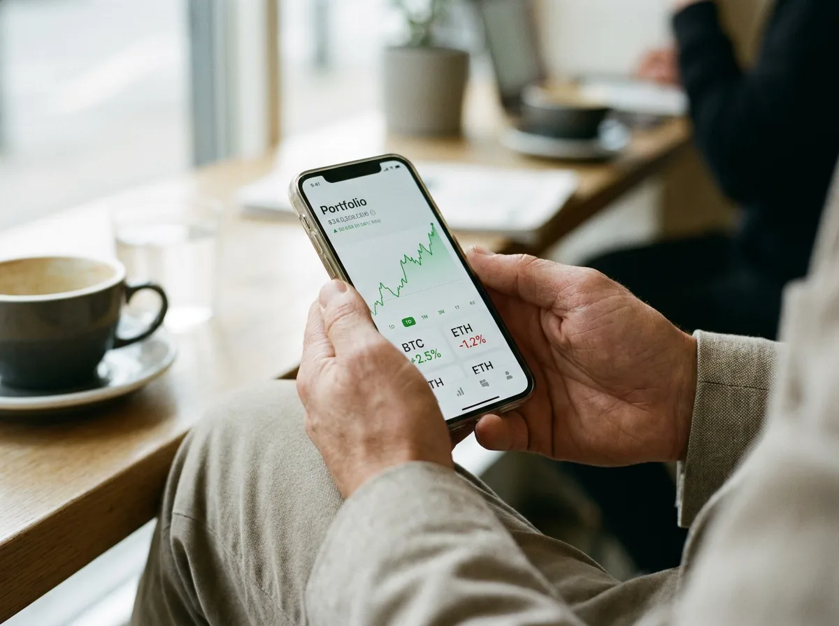 Hands holding smartphone with cryptocurrency portfolio chart visible on screen