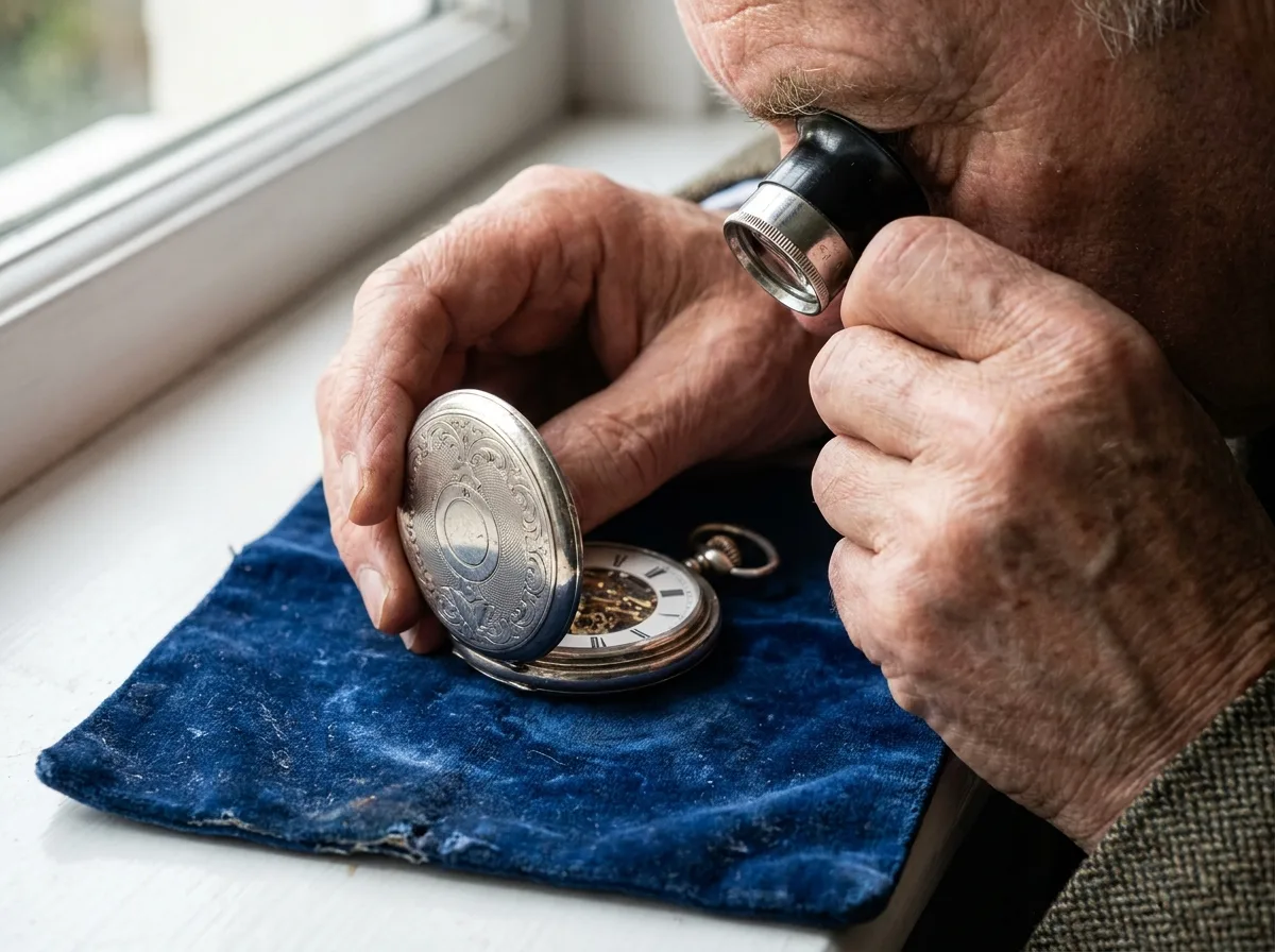 Hands holding magnifying glass examining antique silver pocket watch on velvet cloth