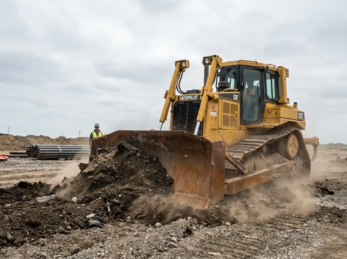 Bulldozer pushing dirt across construction site with dust clouds