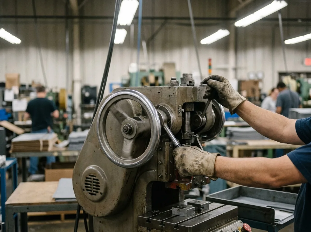 Worker's gloved hands operating industrial machinery on factory production floor