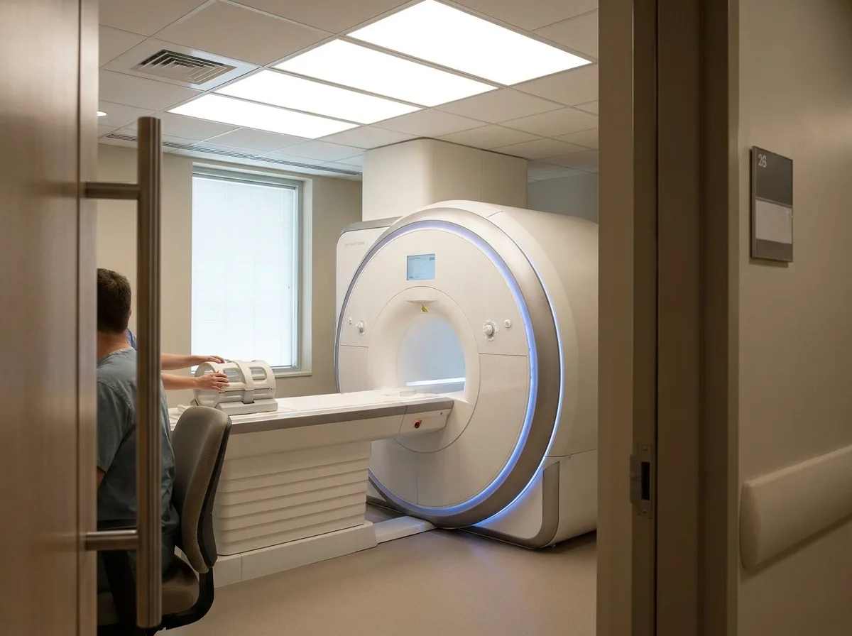 Modern MRI machine in a clean hospital room viewed from the doorway