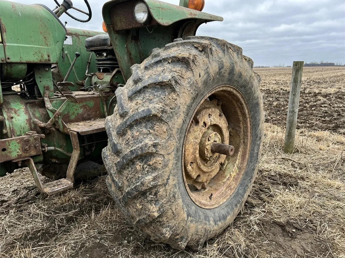 Weathered green tractor with large rear wheel in open farm field on overcast day
