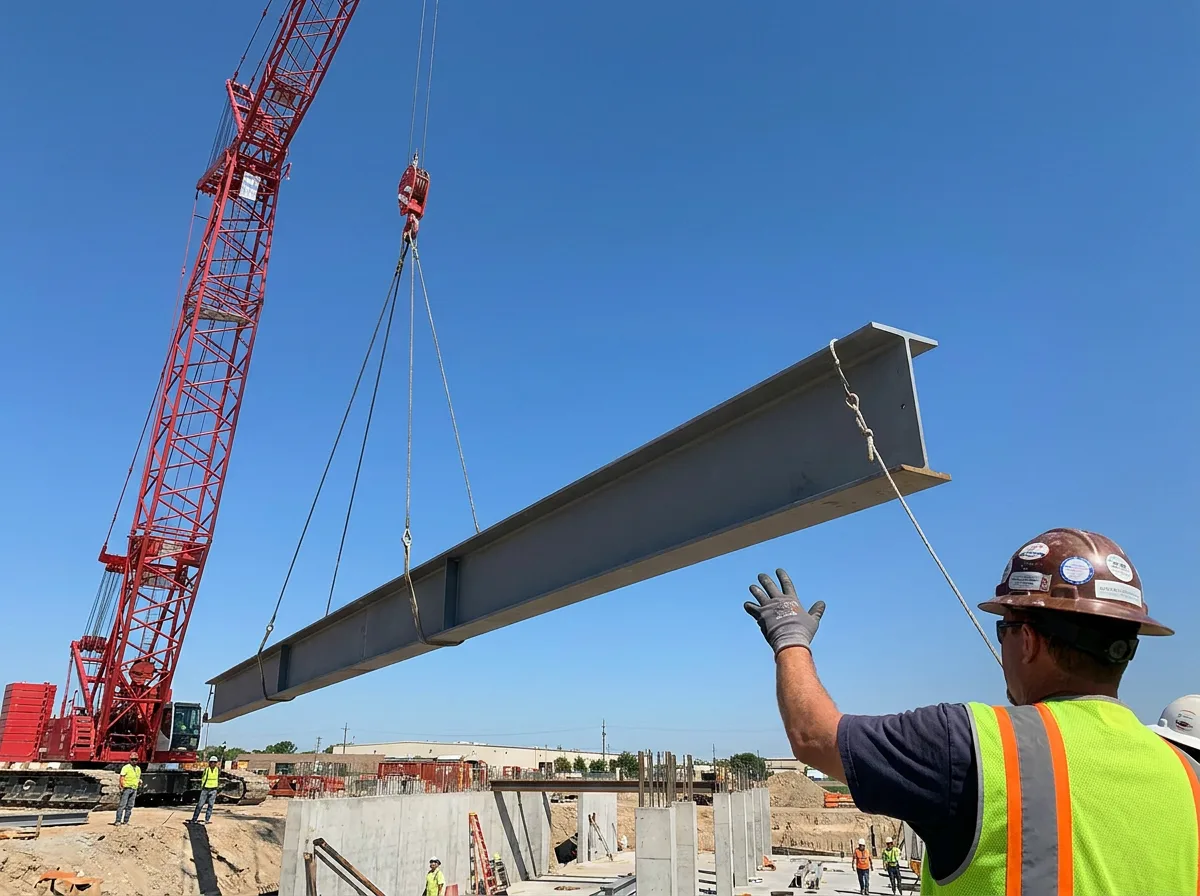 Tower crane lifting steel beam at construction site