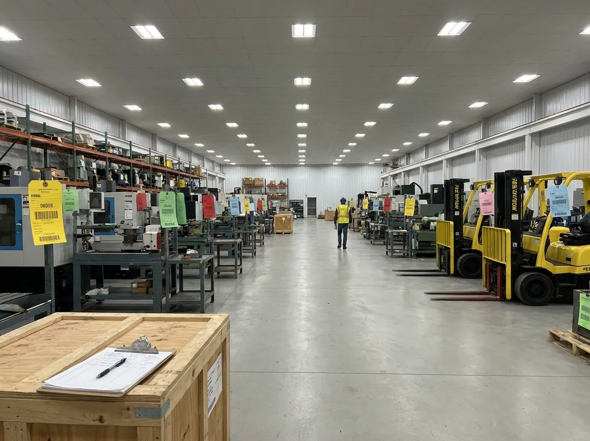 Industrial warehouse interior with organized rows of tagged machinery, equipment, and forklifts under bright overhead lights, clipboard on crate