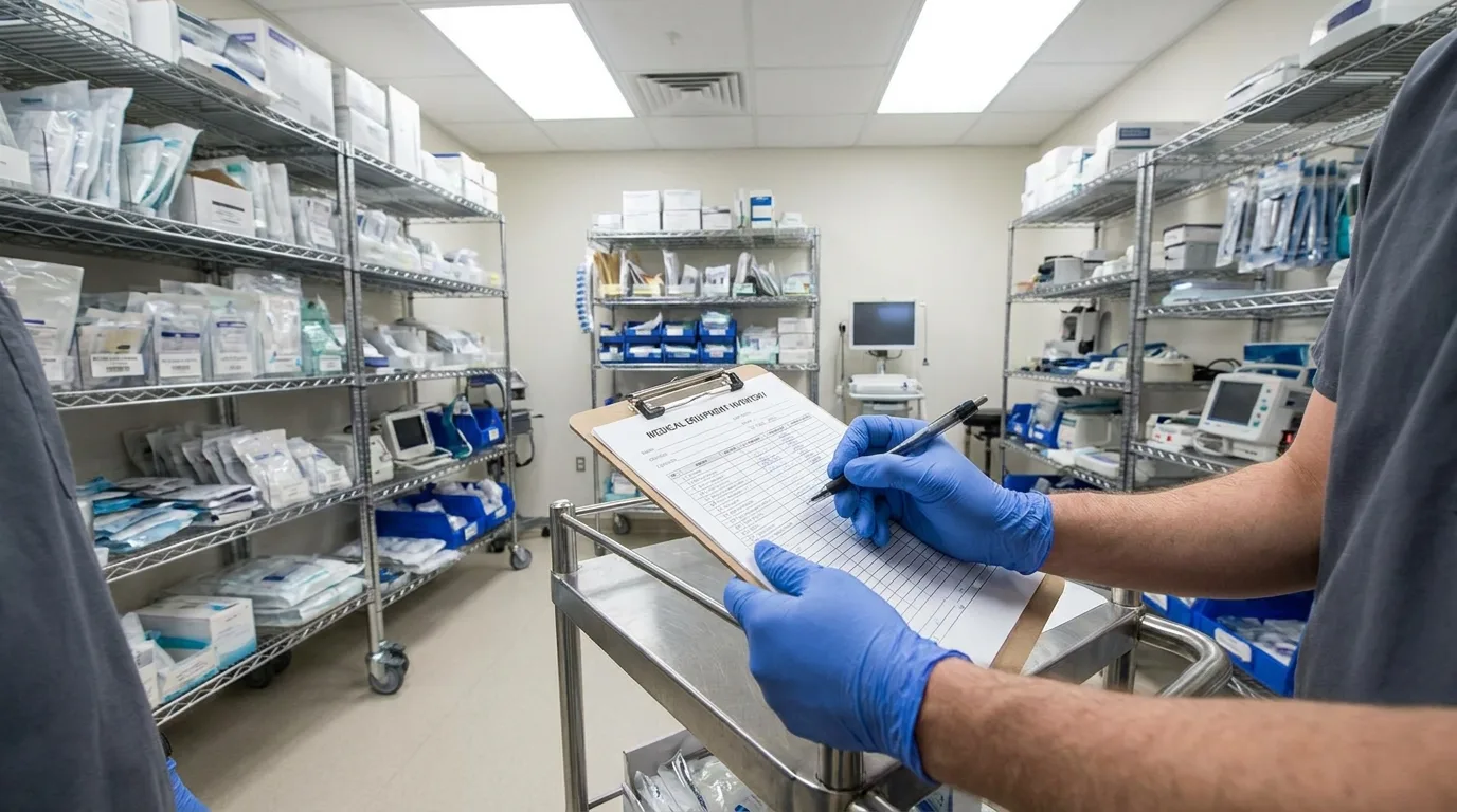 Gloved hands with clipboard cataloging medical equipment in hospital storage room