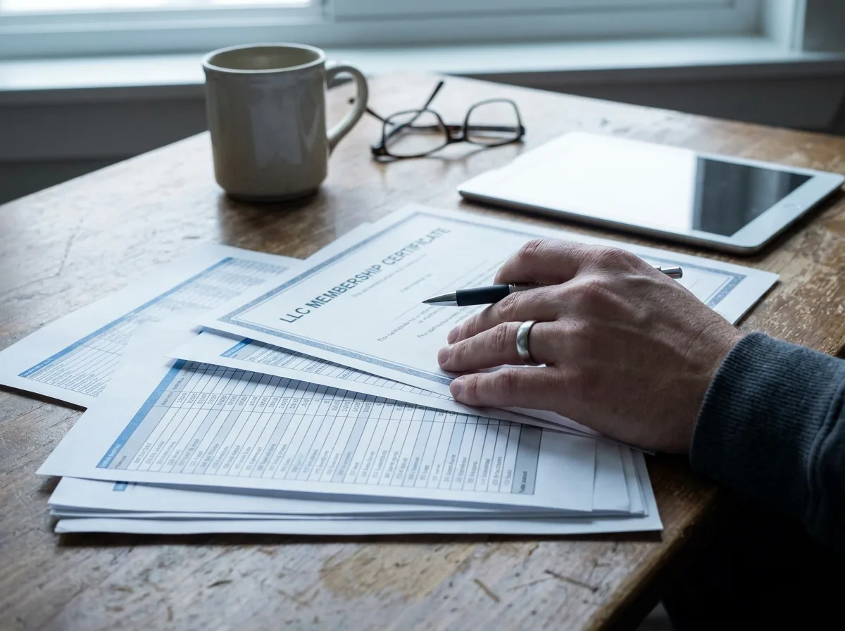California LLC operating agreement and formation documents on a desk