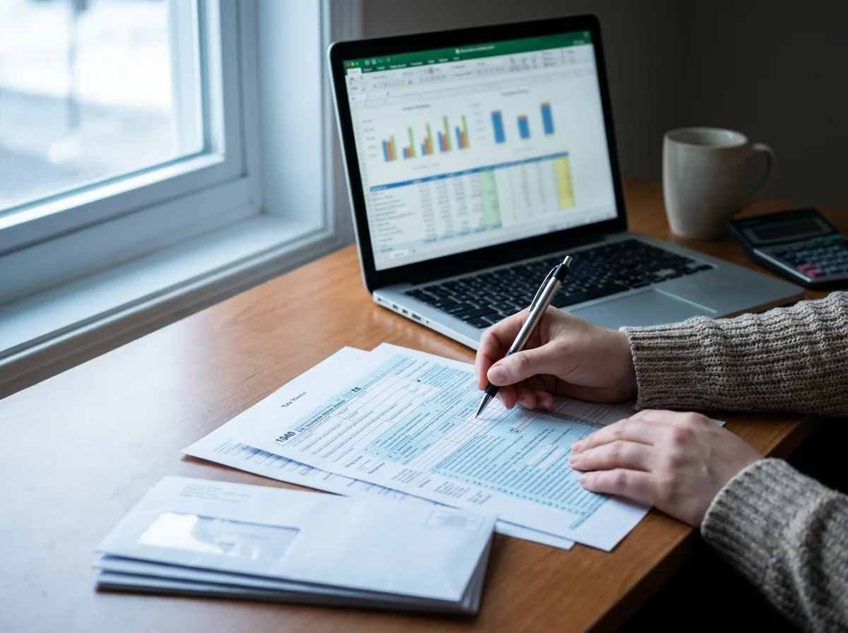 Person's hands completing tax forms at desk with laptop displaying financial charts and natural window light