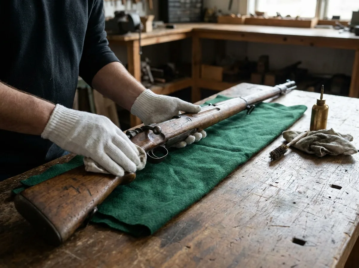 Gloved hands cleaning a vintage rifle on a wooden table with soft cloth